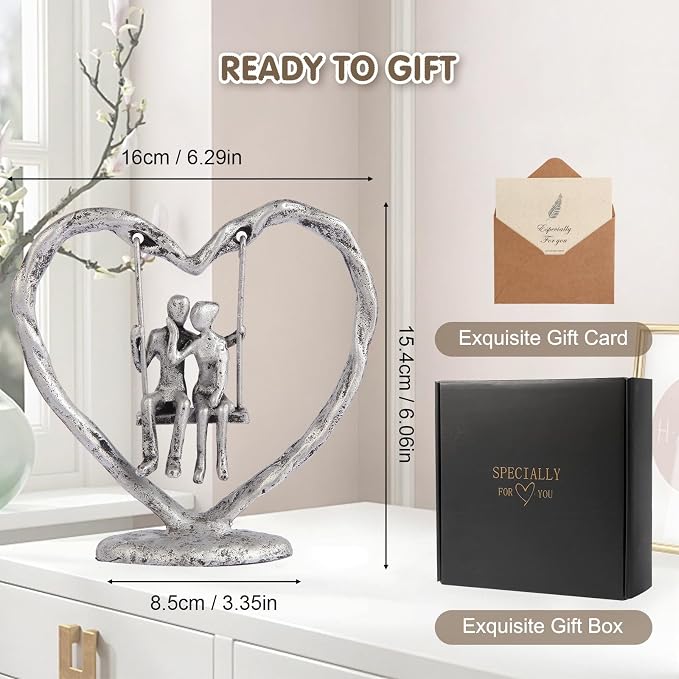 25th/Silver Anniversary Wedding Gifts for Wife/Her/Him,Valentine's Day/Birthday/Wedding Gifts for Couples,Heart Sculpture/Figurine,Handcrafted Antique Silver Metal Couple Statue Decor