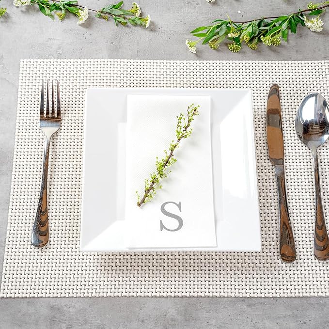 Luxenap 15.8 X 7.9 Inch Linen-Feel Guest Towels, 50 Lettered Hand Towels - Silver Letter 'S', Sans Serif Font, White Paper Dinner Napkins, airlaid, For Restrooms And Tables - Restaurantware