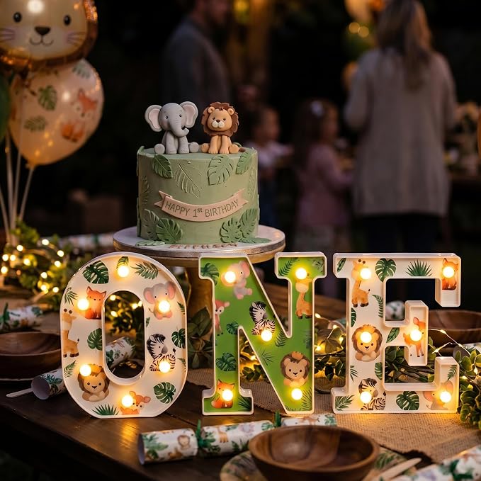 Tujoe Wild One Birthday Decorations Jungle Safari 8.5 Inch LED Light Up Letters for 1st Birthday Boy or Girl Animals First Table Centerpiece Backdrop Decor 1 Year Old Party Supplies