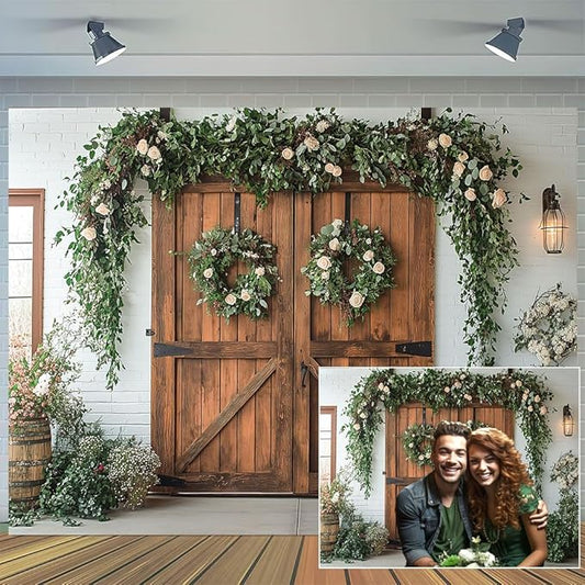 Rustic Barn Door Photography Backdrops, White Painted Brick Wall Wood Door Green Leaves Garden Photo Backgrounds, Kids Family Portrait Baby Shower Children Birthday Backdrops Booth Photoshoot 8x6ft
