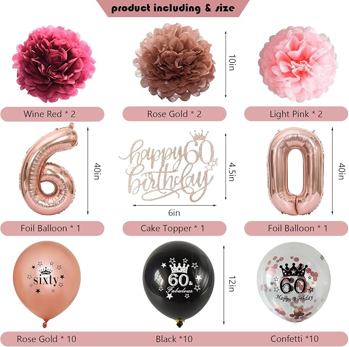 60th Birthday Decorations for Women, JKIYT Black Rose Gold Happy 60 Years Old Decor for Woman Include Sash and Crown, 30pcs Balloons Banner 40" Number Balloons, Backdrop Cake Topper & Paper Pom Poms