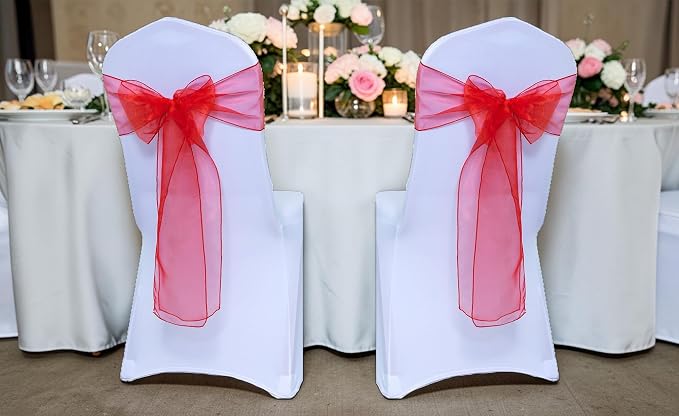 MDS® Pack of 250 Organza Chair Sashes for Wedding Decoration, Reusable Sheer Chair Bows for Banquet Chair Cover, Reception, Bridal Shower, Baby Shower, Birthday Party & Special Events - Red