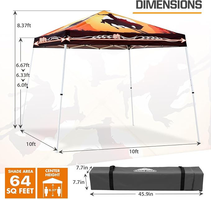 EAGLE PEAK 10x10 Slant Leg Pop-up Canopy Tent Easy One Person Setup Instant Outdoor Beach Canopy Folding Portable Sports Shelter 10x10 Base 8x8 Top (Cowboy)
