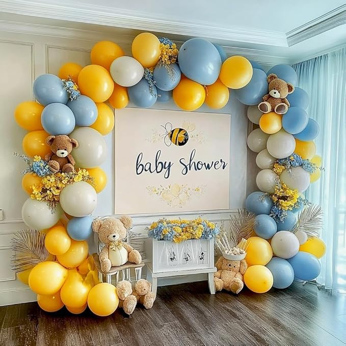 Blue Yellow Balloon Garland Double Stuffed Sand White Balloons Dusty Blue Yellow Cream Balloon Arch Kit for Baby Shower Birthday Gender Reveal Bee Honey Party Decorations