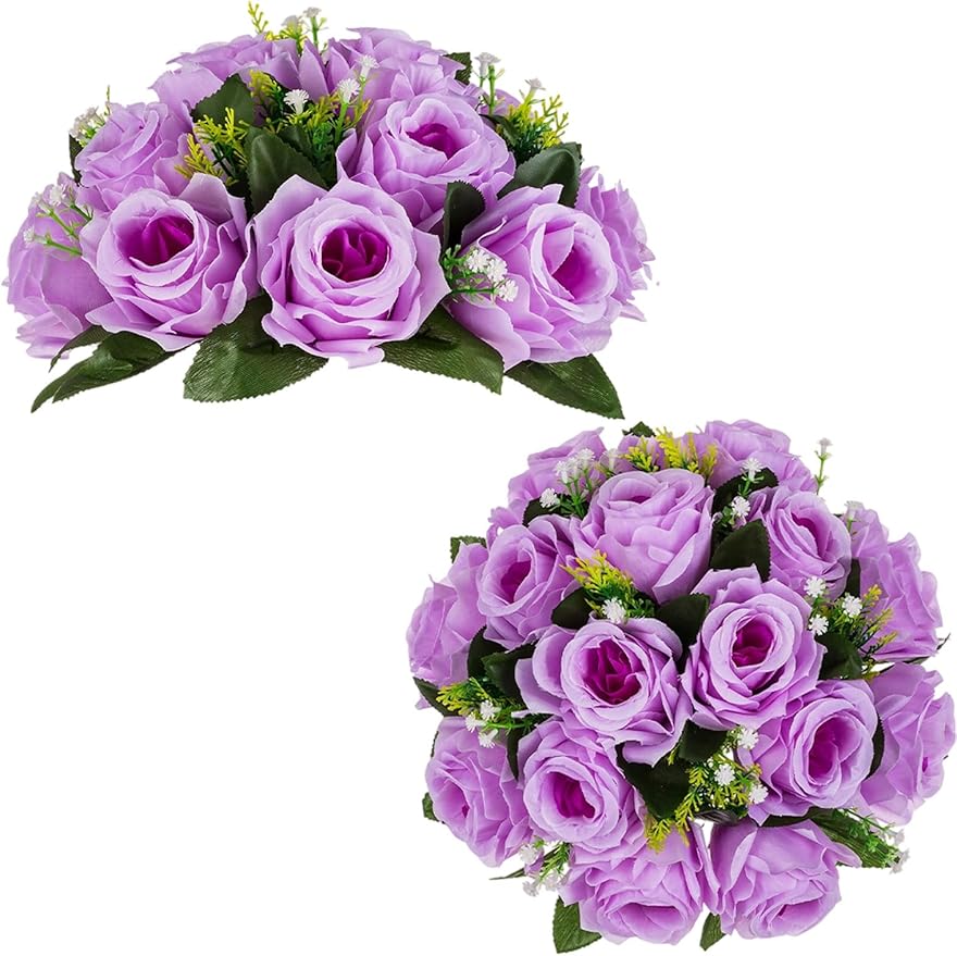 BLOSMON Flower Balls Table Centerpieces: 2 Pcs Fake Roses with Base Decor | Lilac Withe Kissing Floral Balls Arrangements for Wedding Decor - Faux Silk Flower Bouquet Home Party Event DIY Decorations