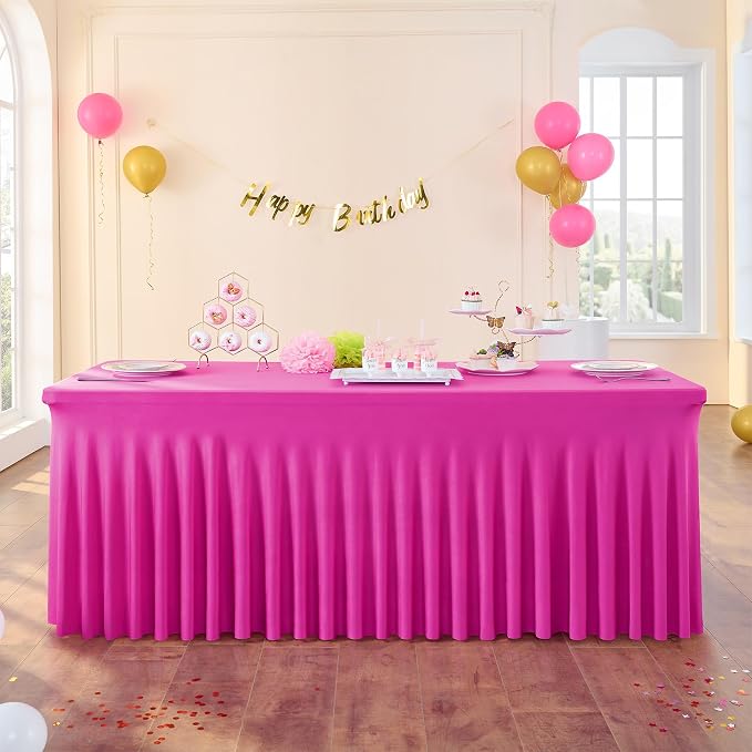 2 Pack Hot Pink Spandex Tablecloths for 8 Foot Rectangle Tables, Wrinkle Free Fitted Table Cloths Fuchsia 8ft Stretchy Table Cloth Cover with Skirt for Parties Weddings Birthday Banquet Baby Shower