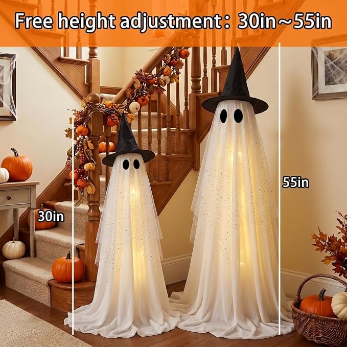 Halloween Decorations Outdoor, Spooky Ghost Halloween Decor with Witch Hat | Set of 2, Adjustable Height,Remote Control & Timer,Unique Ghost & Witch Fusion Design, Sparkling Sheer Tulle and White Fabric