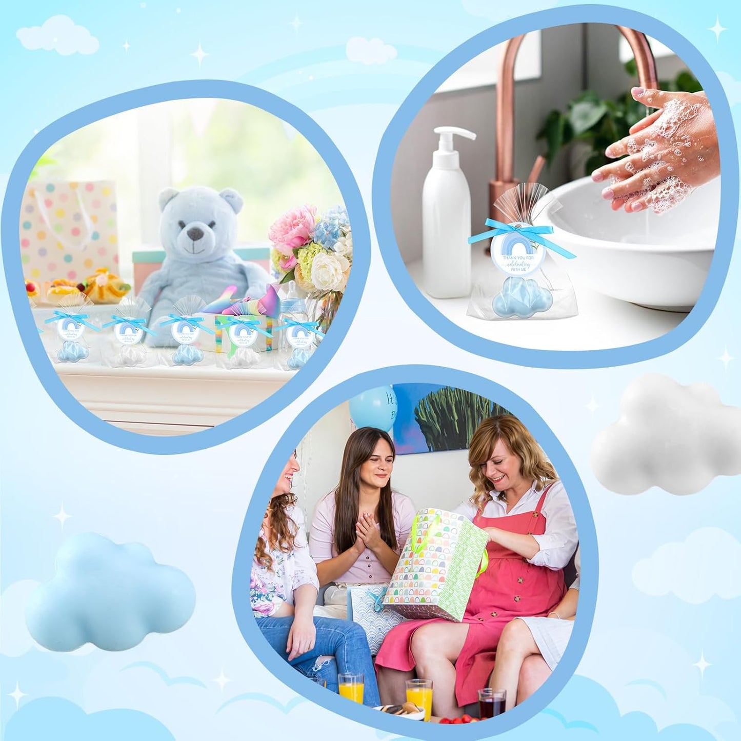 Demissle 20 Pcs Cloud Baby Shower Soap Favors Mini Handmade Soap Gifts with Thank You Card for Guests Christmas Party Wedding Return Gifts Bridal Shower Decorations (White,Blue)