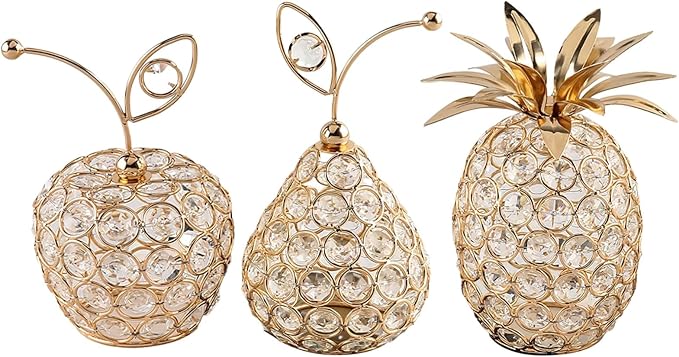 3 Pcs Golden Crystal Hollow Candlestick, Metal Crystal Table Centerpiece, Including Pineapple Pear Apple, Decorative Candlestick, Ideal for Wedding, Party, Anniversary and Home Decor