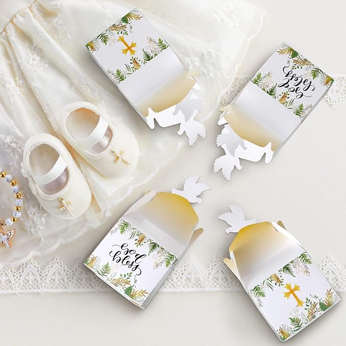 Geyee 48 Pcs Baptism Favor Boxes Baptism Party Favors First Communion Cross Goodie Gable Box Religious Party Favors God Bless Candy Boxes for Christening Baby Shower