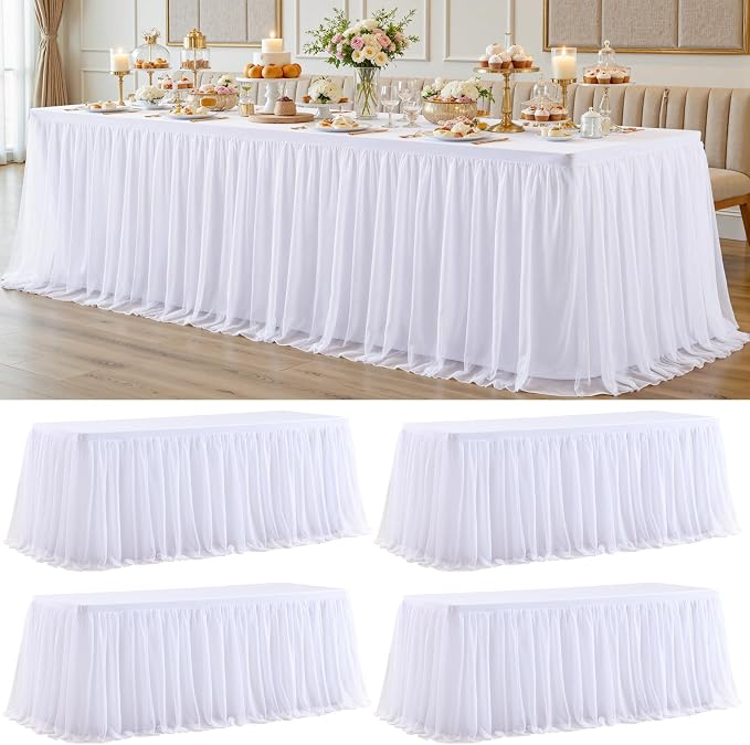 4 Pack White Tablecloth with Tulle Table Skirt for 8 Foot Rectangle Tables Wedding Ruffle Tutu Table Skirt Stretch Fitted TableCover for Parties Birthdays Baby Shower Celebration Banquet