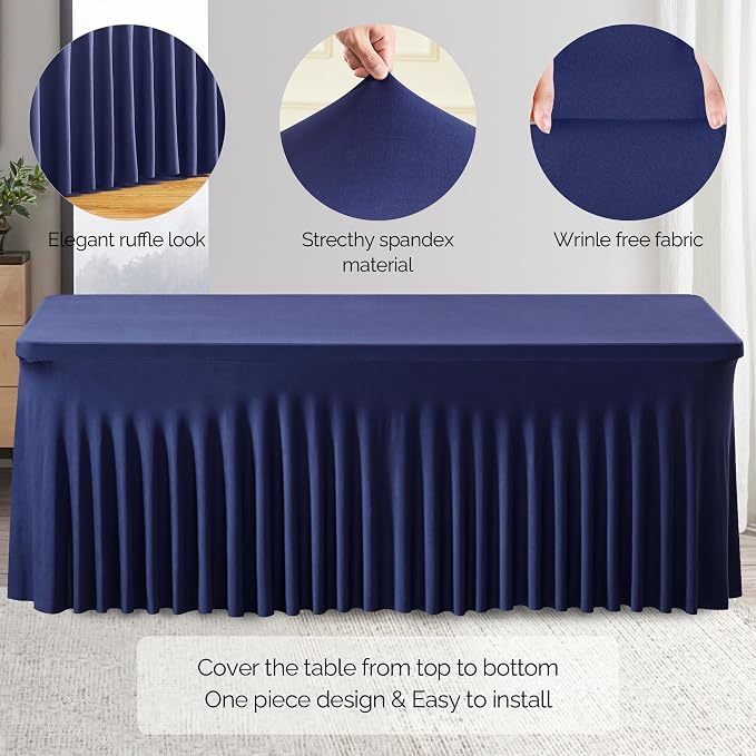 Wish Care 6 Pack Navy Blue Stretch Spandex Table Clothes for 4 Foot Rectangle Tables, 4FT Wrinkle Free Fitted Tablecloths Ruffles Design Table Cover for Party, Banquet, Wedding and Events
