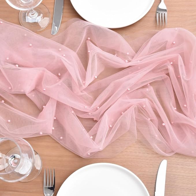 Dusty Rose Pearl Table Runner Boho Rustic Tulle Lace Dining Baby Shower Wedding Arch Decor Veil Dessert Holiday Centerpiece Table Decor