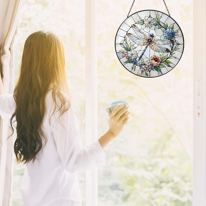 Dragonfly Sun Catcher 6.3‘’ Dragonfly Gifts for Women Stained Glass Window Hanging Sun Catchers Indoor Window Wall Decor Handmade SunCatcher Decoration for Garden Home Housewarming Gifts