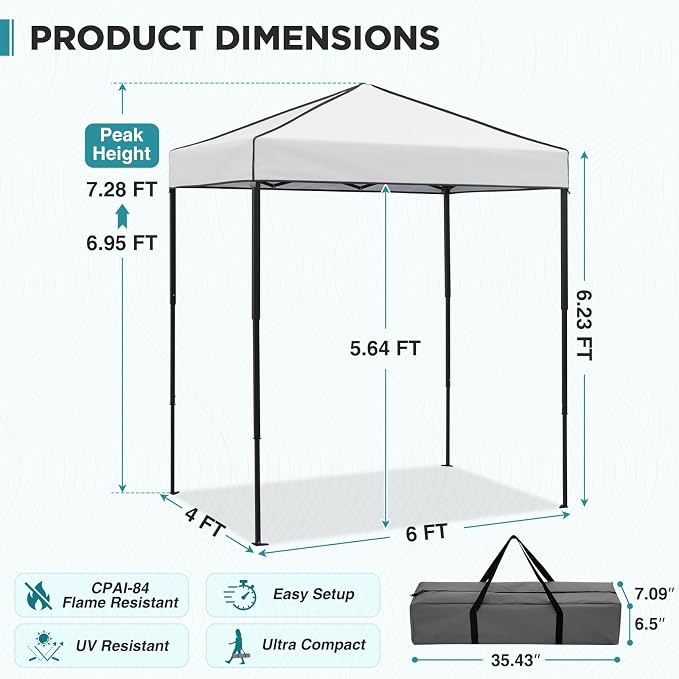 EAGLE PEAK 6x4 Instant Pop Up Canopy Tent, Straight Leg Sun Shelter, Portable Canopy with Carry Bag for Camping, Beach & Sports, White