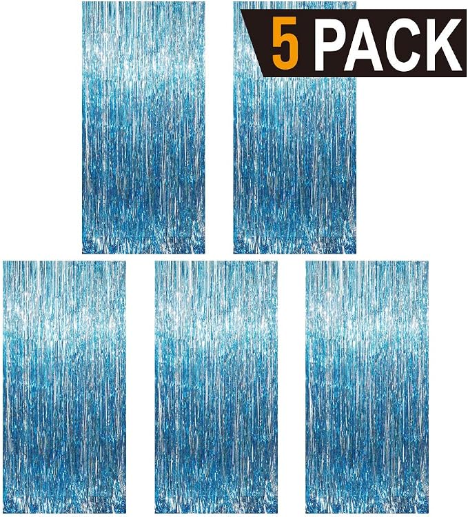 GOER 3.2 ft x 9.8 ft Metallic Tinsel Foil Fringe Curtains Party Photo Backdrop Party Streamers for Birthday,Graduation,New Year Eve Decorations Wedding Decor (Light Blue,5 pcs)