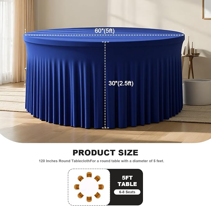 2 Pack Royal Blue 60 inch Round Spandex Tablecloth, Washable Stretchy Fitted 5FT Round Tables,Elastic Edge with Skirt, Wrinkle-Free Table Cloths for Wedding Banquet Party Birthday Buffet