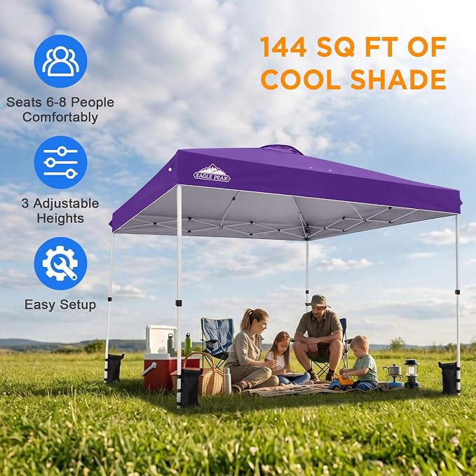 EAGLE PEAK Pop Up Canopy Tent with Wheeled Carry Bag, 8 Stakes, 4 Ropes, 4 Weight Bags, Easy Set Up Tent Canopy, 12x12 ft, 144sqft of Shade, Purple