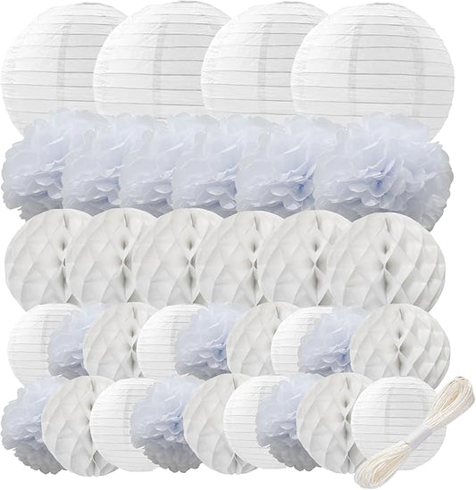 WOLHOWLTD White Paper Decoration Set - 34 Pcs Paper Lanterns, Pompoms, Honeycomb for Wedding,Halloween,School Day,Bridal Baby Shower,Birthday Party Classroom,Home Decoration(White)