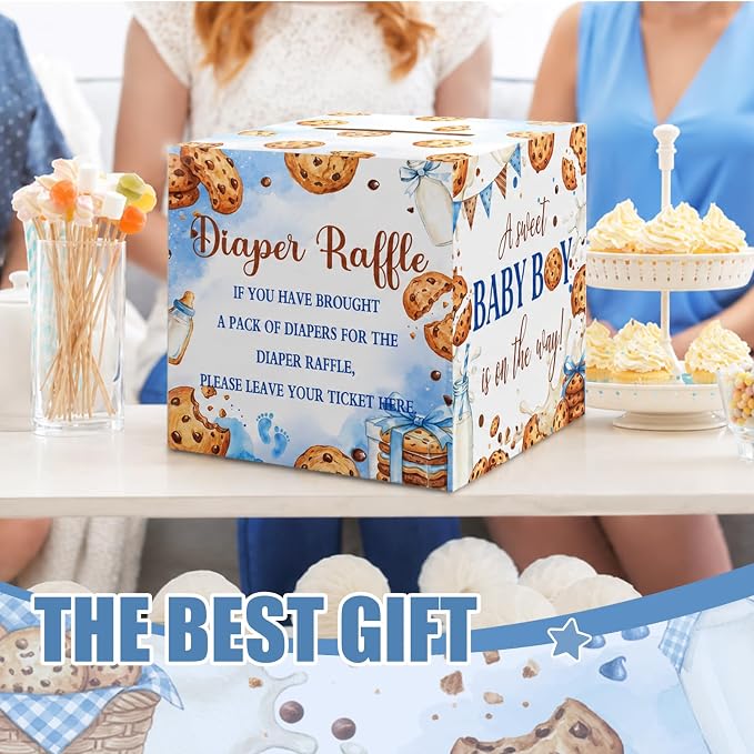 Teling 51 Pieces Diaper Raffle Tickets Box with Card Baby Shower Decorations Gender Reveal Holder Box for Girl Boy Diaper Raffle Party (A Little Cookie is on the Way)
