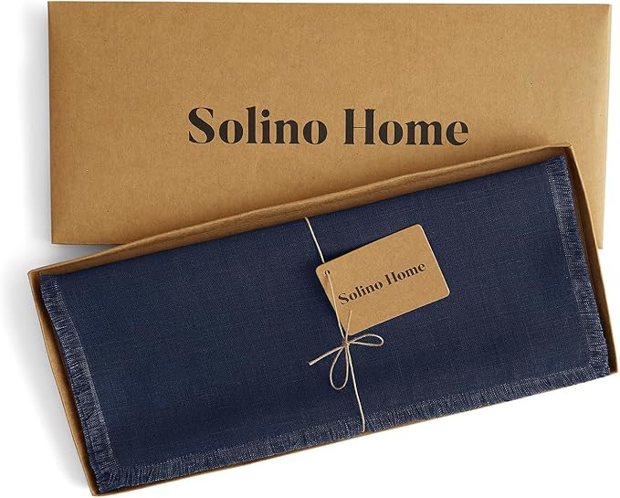 Solino Home Linen Navy Blue Table Runner 120 Inches Long - Fringe, 100% Pure Linen 14 x 120 Inch Table Runner for Mothers Day, Memorial Day