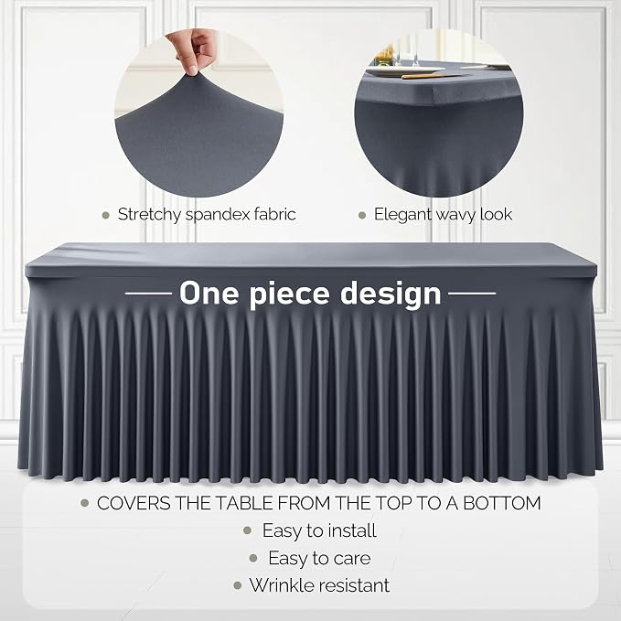 1 Pack Grey Table Clothes for 6 Foot Rectangle Tables, One-Piece Wrinkle Resistant Stretch Spandex Table Covers with Skirt for Event Banquet Wedding Birthday Party