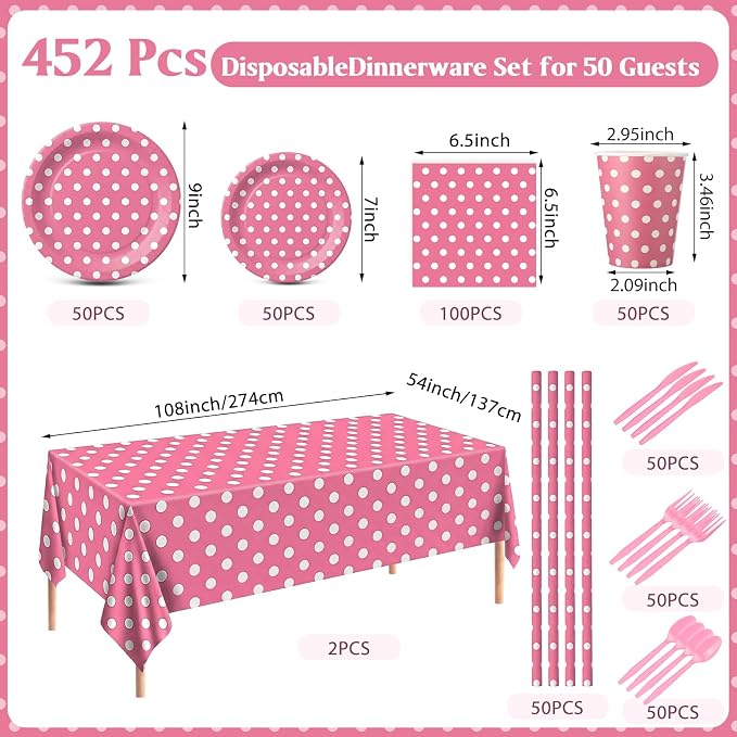 Funnymoom 452 Pcs Pink Polka Dot Party Supplies for 50, Pink and White Polka Dot Paper Plates Napkins Cups Tablecloth Cutlery Straws for Mouse Birthday Carnival Family Picnic Barbecue Party Decoration