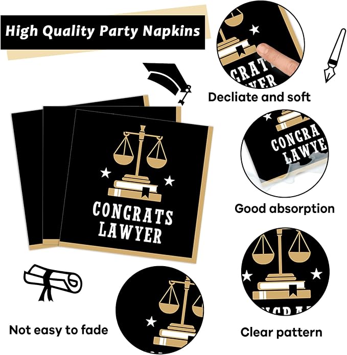96PCS Law School Graduation Party Supplies Lawyer Congrats Grad Paper Plates and Napkins Black and Gold Congratulate Disposable Dessert Tableware for Class of 2026 Graduation Decor for 24 Guests