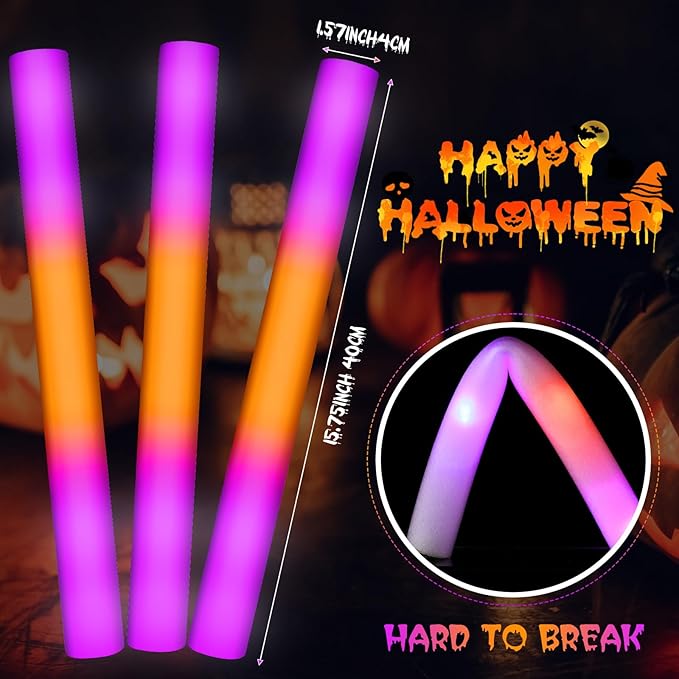 Retisee 54 Pcs 16 Inch Halloween Glow Sticks Bulk LED Foam Sticks Orange and Purple Light up Party Favors Glow in the Dark with 3 Flashing Modes for Birthdays Weddings Raves Concerts