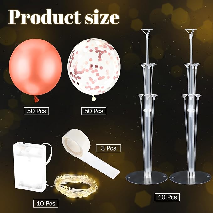 Junkin 10 Set Balloon Stand Kit for Centerpiece with LED String Light 100 Pcs Balloons Table Balloon Stand Centerpieces for Birthday Wedding Baby Shower Back to School Party Decor(Rose Gold)