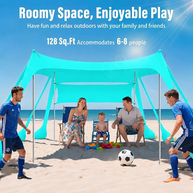 Large Beach Tent Sun Shelter with Sidewall, UPF80+ UV Protection Beach Tents Shade Canopy with 8 Sandbags, 4 Stability Poles for Sand, Camping, Fishing, Outdoor Tent Sun Shelters (11x11ft, Turquoise)
