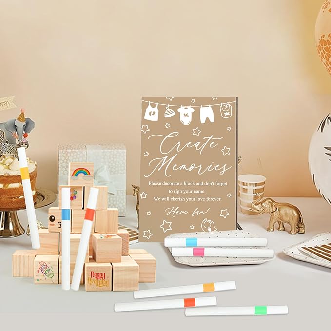 97 Pcs Baby Shower Games Sign Kit,Including Decorate a Block Game Sign 72 DIY Blank Wooden Block 24 Pen to Draw Your Idea for Baby Shower Game Gender Reveal Party