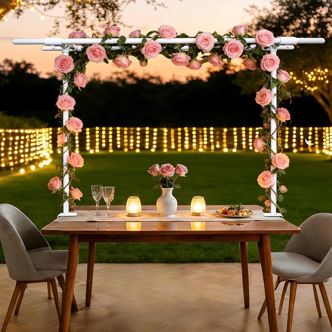 Beyeutao Over The Table Rod Stand with Clamps Adjustable Double Crossbar Table Arch Stand 16"-87" Length 16"-45" Height White Table Banner stand Garden Arbors Fit for Wedding Birthday Party Christmas Decoration