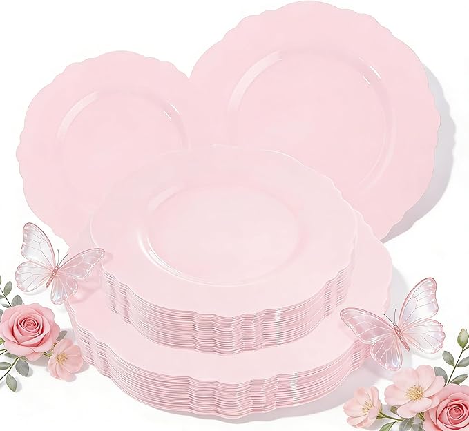 WDF 60pcs Pink Plastic Plates - Baroque Pink Disposable Plates Including 30 Dinner Plates 10.25inch, 30 Dessert Plates 7.5inch for Upscale Wedding/Baby Shower/Spring/Mother's Day