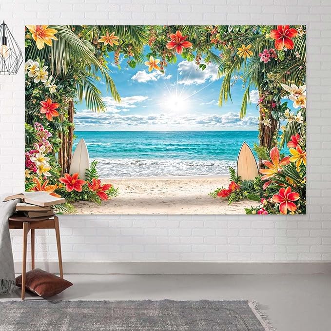 9x6ft Summer Hawaiian Beach Backdrop Tropical Blue Sky Ocean Flower Palm Leaves Surfboard Photography Background for Luau Aloha Wedding Baby Birthday Party Decoration Banner Picture Photo Booth