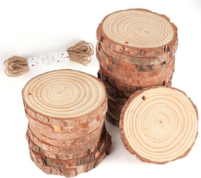 ilauke Wood Slices, 30 Pcs 2.4"-2.8" Natural Wood Rounds with Predrilled Hole, Wooden Circles with Bark, Unfinished Wood Kit for Paint DIY Ornaments Christmas Crafts Arts Wedding Decorations