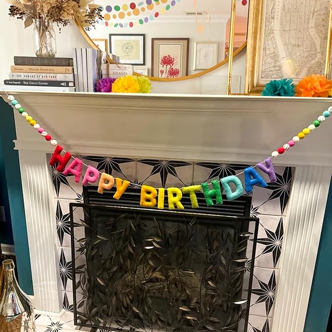 Pre-Strung Happy Birthday Banner - Felt Ball Garland - Reusable HAPPY BIRTHDAY Garland, Rainbow Party Decorations, Personalized Holiday Sign for Party Decor, Kids Room Decor, Photo Prop (Rainbow)