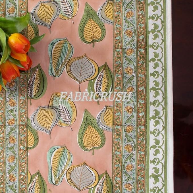 Ridhi Salmon Pink Hand Block Print Cotton Rectangle Tablecloth 160" x 72" inches Reusable Table Cover Decorative Everyday Use for Dining Room, Farmhouse, Home Gift for Spring, Mother's Day
