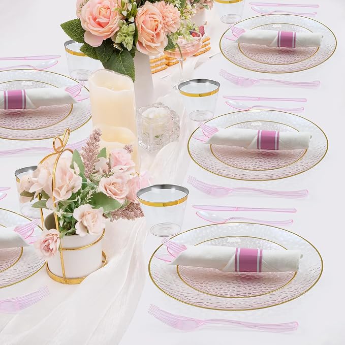 175PCS Pink Hammered Plastic Dinnerware Set for 25 Guests - Disposable Pink Plates with Gold Rim, Heavy Duty Cups Pre-Rolled Napkins with Cutlery (Forks/Knives/Spoons), Ideal for Wedding, Party