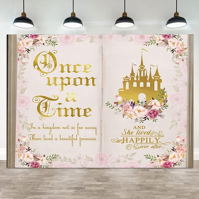 10x6.5ft Once Upon a Time Backdrop Pink Flower Gold Castle Photography Background Fairy Tale Books Floral Princess Girls Birthday Banner Decorations Fairytale Wedding Portrait Photo Booth Prop