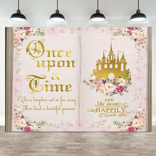 8x6ft Once Upon a Time Backdrop Pink Flower Gold Castle Photography Background Fairy Tale Books Floral Princess Girls Birthday Banner Decorations Fairytale Wedding Portrait Photo Booth Prop