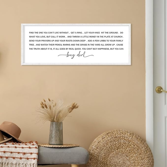 Buy Dirt Sign Wall Decor Song Lyrics Wall Art You Cant Buy Happiness Signs | 40x15 Inch Farmhouse Rustic White Wood Framed, Large Ideal for Living Room Kitchen Bedroom Entryway Hallway, Ready to Hang