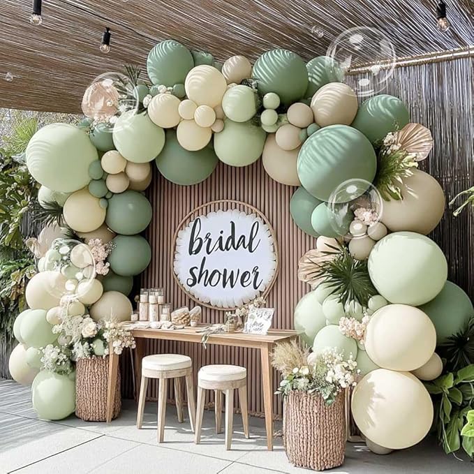 Dusty Green White Balloon Arch Kit Double Stuffed, Sage Mint Green Sand Ivory Boho Balloon Garland with Clear Bobo Latex for Neutral Baby Shower Bridal Wedding Birthday Woodland Party Decoration