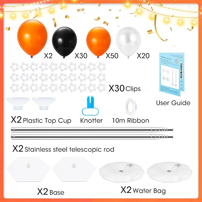 Balloon Column Stand with 102Pcs Balloons, Halloween Balloon Column Kit Set of 2, Metal Balloon Tower Stand with Base for Floor, Height Adjustable from 1.57 to 7 Ft, For Party Decorations