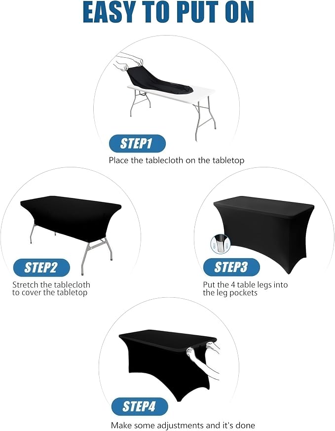 4FT Black Table Cloth - 6 Pack, Fitted Stretch Rectangle Spandex Tablecloth, Washable Table Cover for Party, Dining, Wedding, Banquet and Festival(Black, 30" x 48")