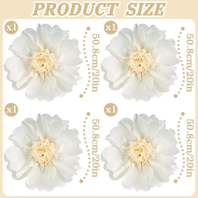 SUNBEAUTY 4 Pcs 20" White Giant Paper Flowers Large Crepe Tissue Artificial Paper Flowers Decorations for Wedding Party Wall Table Birthday Baby Shower Bridal Nursery Room Tea Party Backdrop Decor