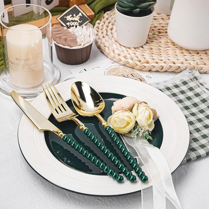 150 Pcs Gold Plastic Silverware,Gold Plastic Utensils with Green Beads Handle,Fancy Disposable Cutlery Set Include 50 Forks 50 Knives 50 Spoons for Party & Christmas