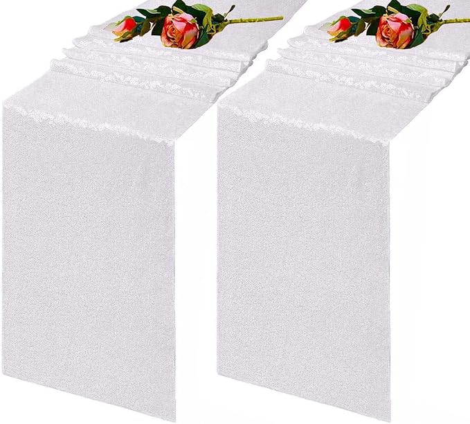 White Sequin Table Runner 12"x72" 2 Packs Glitter Table Runner White Table Runner for Graduation Baby Bridal Shower Wedding Birthday Party Christmas