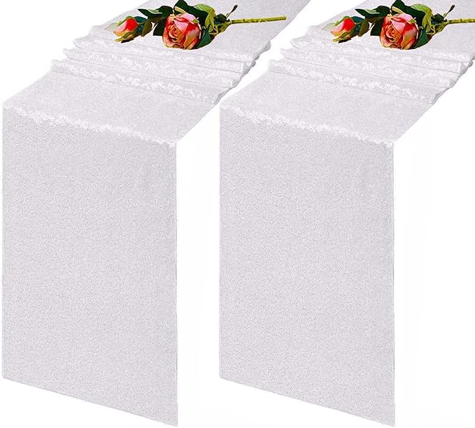White Sequin Table Runner 12"x108" 2 Pack Glitter Table Runner for Graduation, Baby, Bridal Shower, Wedding, Birthday, Party, Christmas
