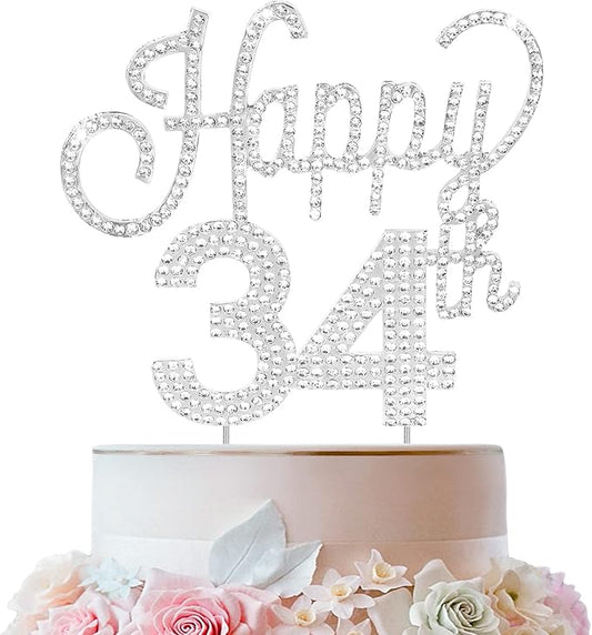 LINGTEER Happy 34th Birthday Silver Rhinestone Cake Topper - Cheers to 34th Birthday 34 Years Old Anniversary Party Cake Centerpieces Topper Decorations Gift Sign.